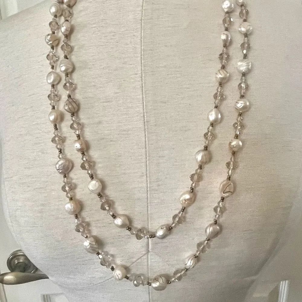 Pearl crystal bead extra long necklace